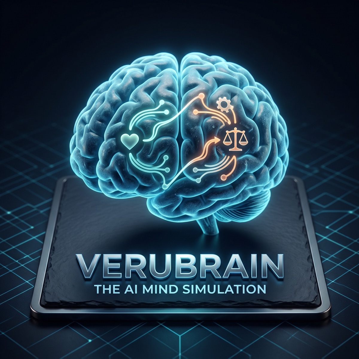 Verubrain — a glowing brain with a heart on one hemisphere and the scales of a judge on the other